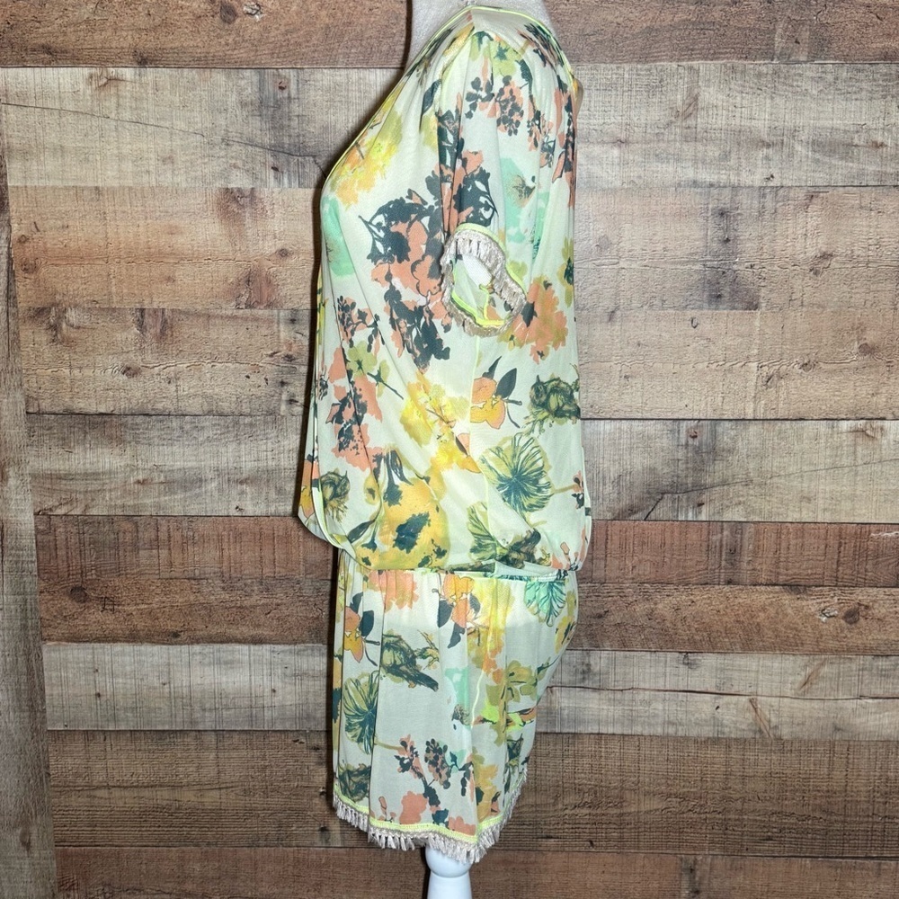 Maaji Lounge Swim Cover size Small Floral Yellow-Green Fringe Crisscross Sheer - Picture 2 of 7